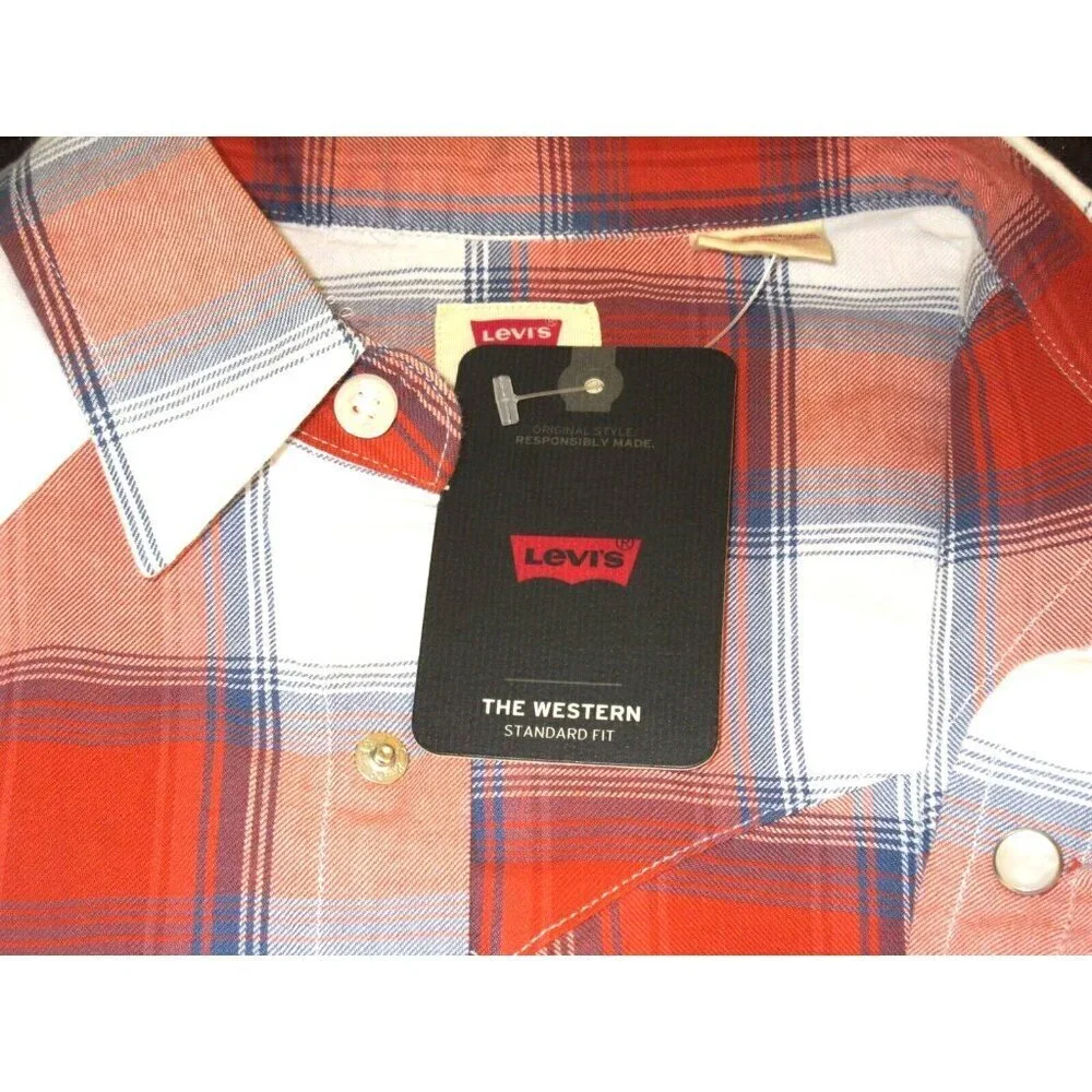 Levi's Men's Western Snap Front Plaid Red White Blue Cotton Shirt Classic NWT